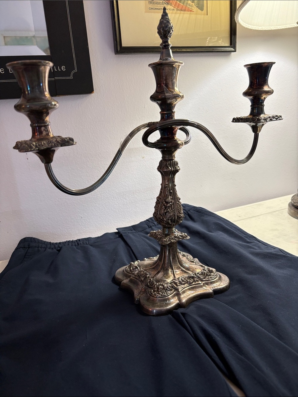 Ornate Silver Finish Three-Arm Candelabra
